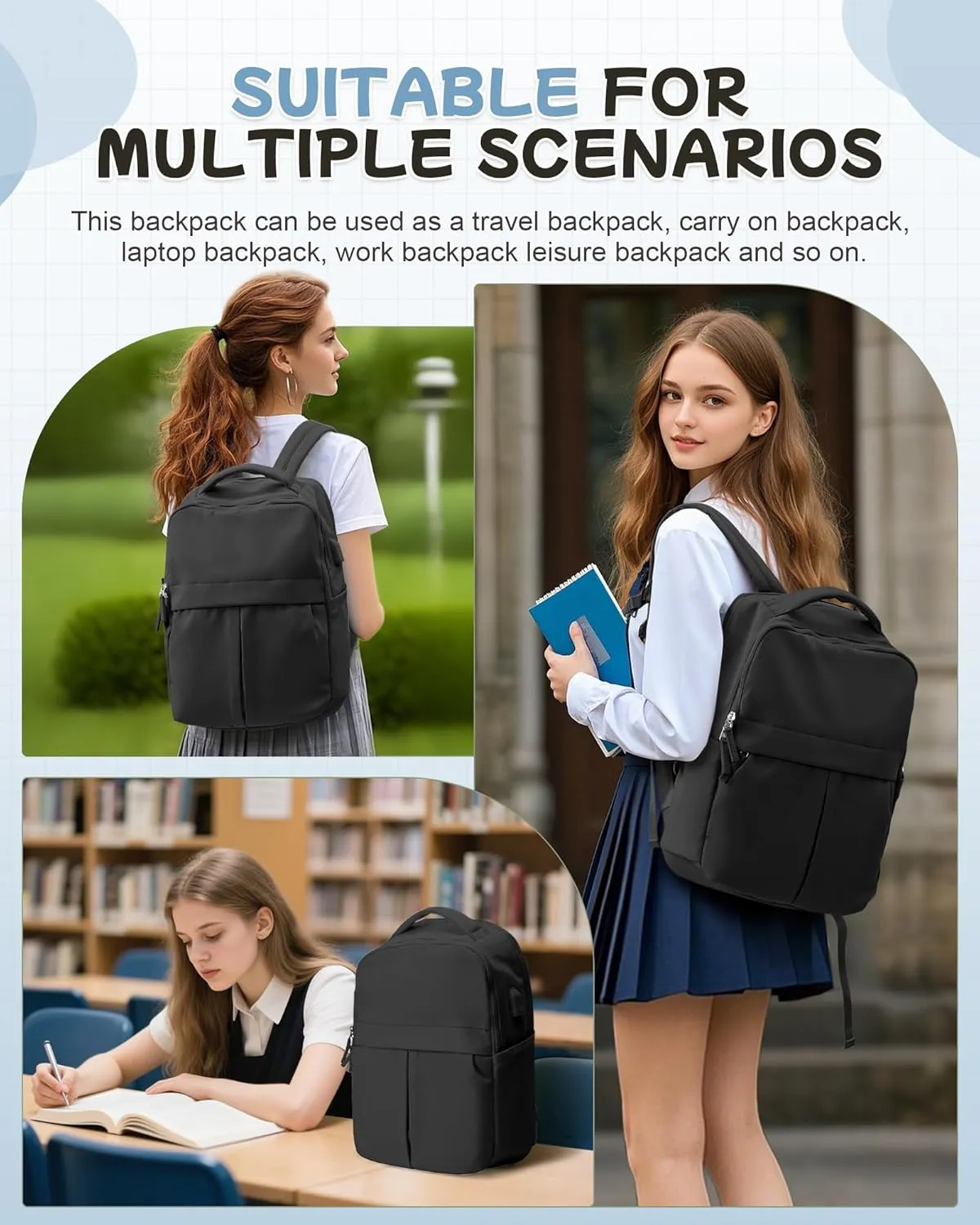 Black Laptop Backpack for Women Men Gym Work Backpack Casual Daypack Backpacks Small Travel Backpack for Traveling on Airplane Lightweight College Teacher Backpacks for Women
