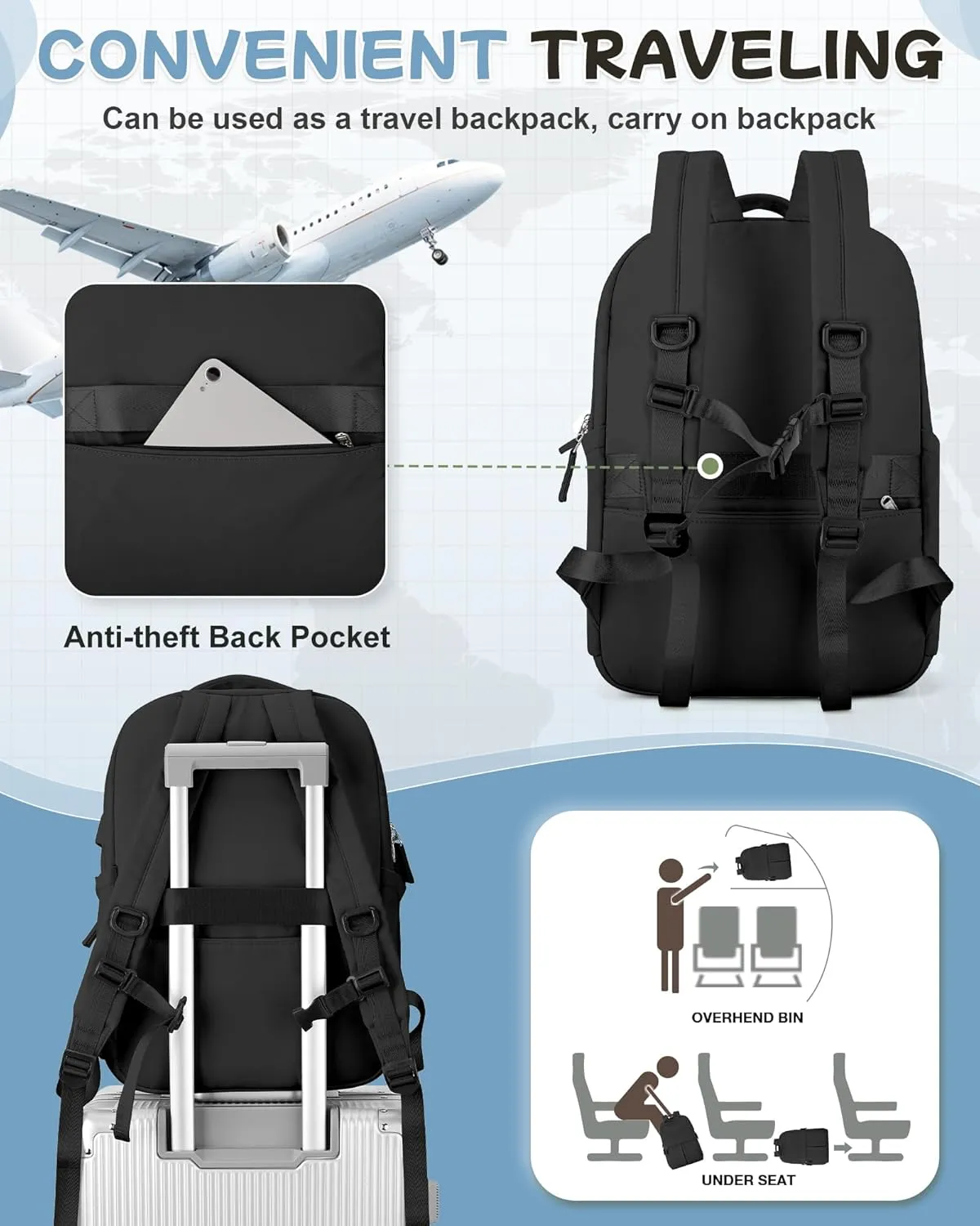 Black Laptop Backpack for Women Men Gym Work Backpack Casual Daypack Backpacks Small Travel Backpack for Traveling on Airplane Lightweight College Teacher Backpacks for Women