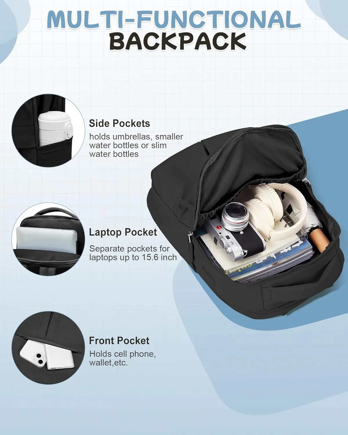 Black Laptop Backpack for Women Men Gym Work Backpack Casual Daypack Backpacks Small Travel Backpack for Traveling on Airplane Lightweight College Teacher Backpacks for Women
