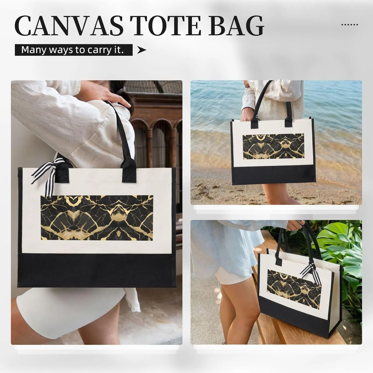 Black Marble Texture Gold Christmas Tote Bags With Handles Canvas Reusable Gift Bag For Women Shopping Holiday Travel