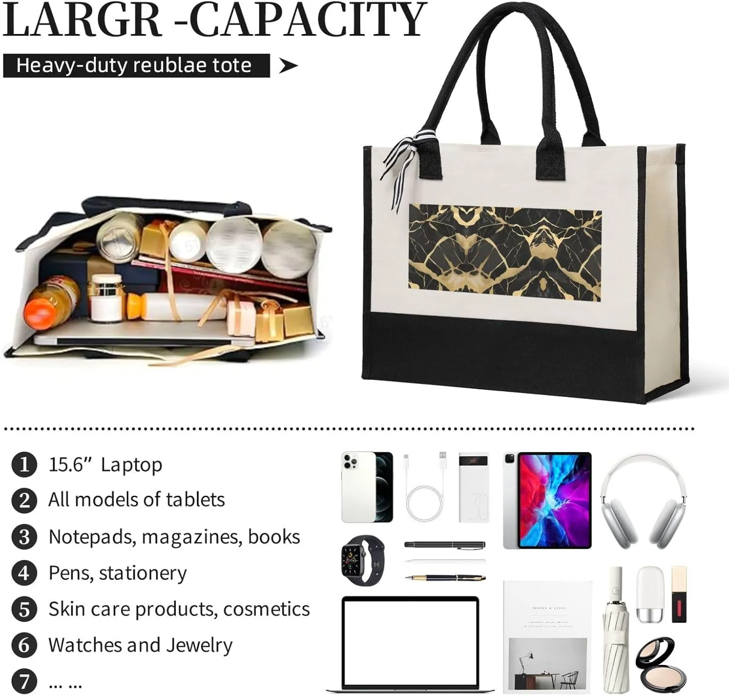 Black Marble Texture Gold Christmas Tote Bags With Handles Canvas Reusable Gift Bag For Women Shopping Holiday Travel