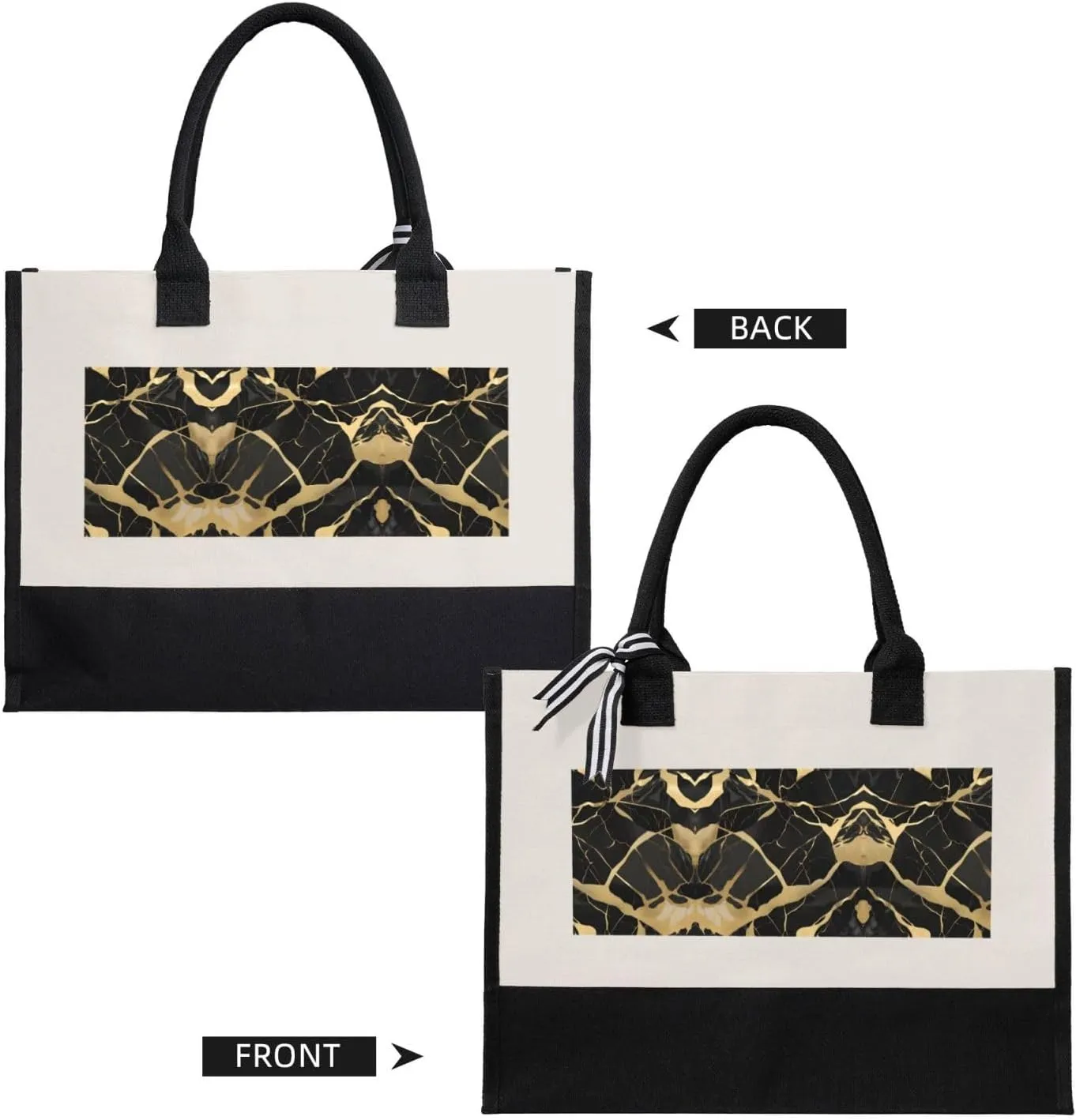 Black Marble Texture Gold Christmas Tote Bags With Handles Canvas Reusable Gift Bag For Women Shopping Holiday Travel