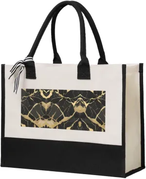 Black Marble Texture Gold Christmas Tote Bags With Handles Canvas Reusable Gift Bag For Women Shopping Holiday Travel