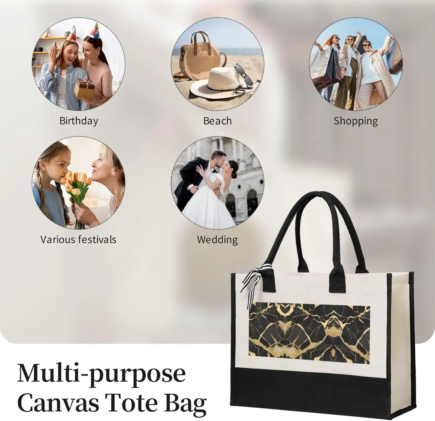 Black Marble Texture Gold Christmas Tote Bags With Handles Canvas Reusable Gift Bag For Women Shopping Holiday Travel