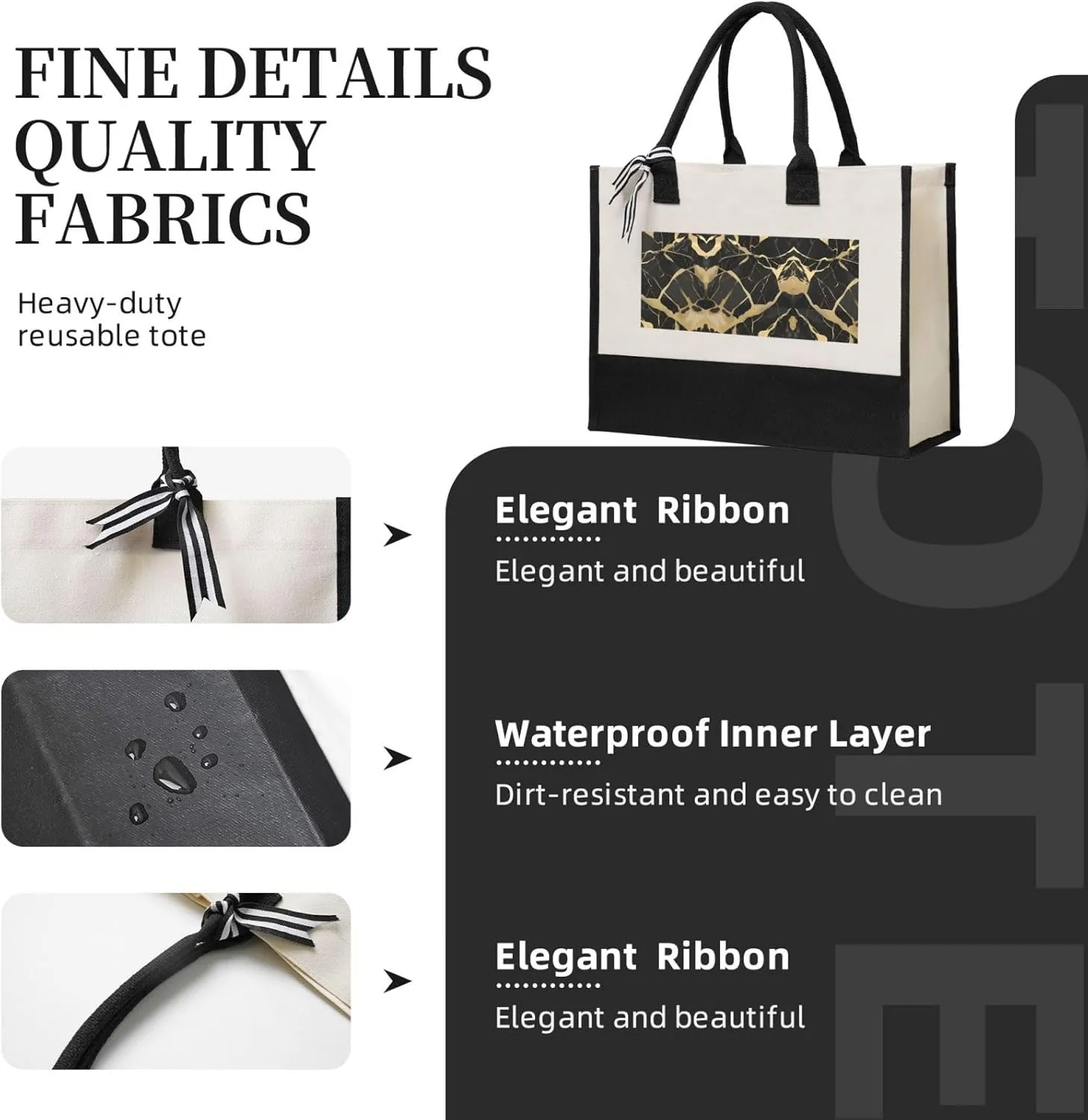 Black Marble Texture Gold Christmas Tote Bags With Handles Canvas Reusable Gift Bag For Women Shopping Holiday Travel