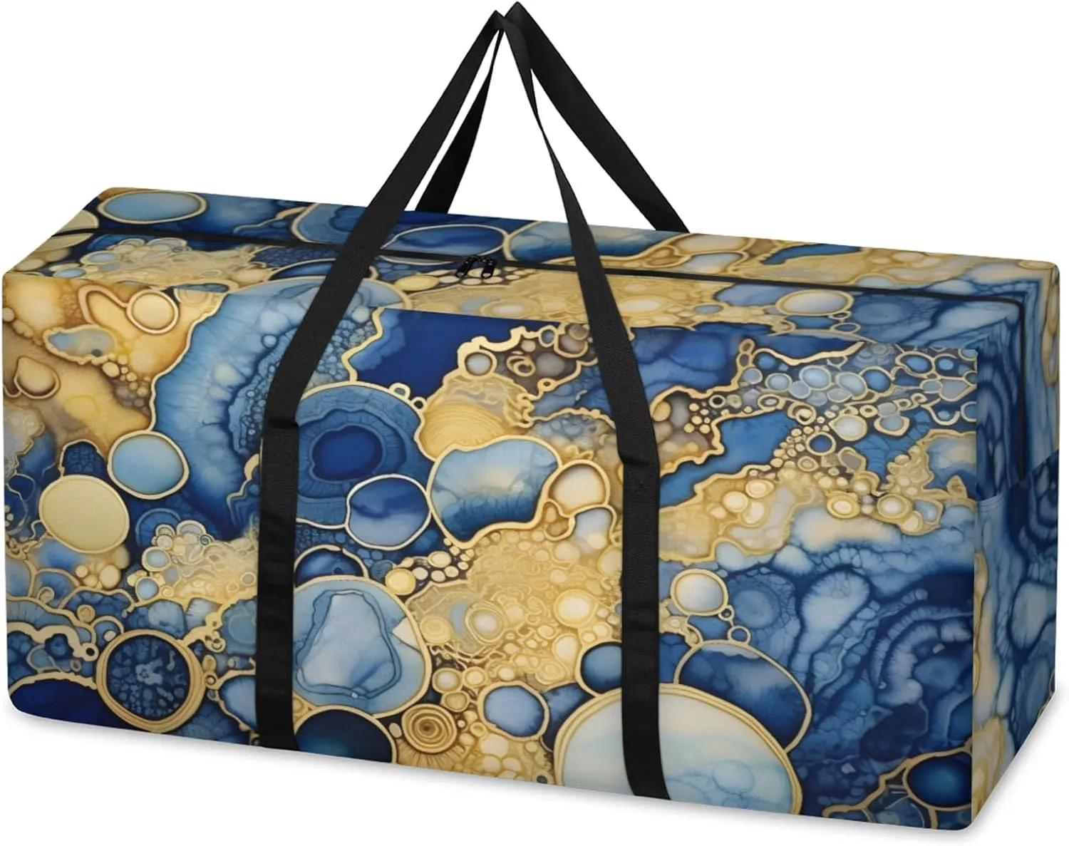 Blue Gold Marble Extra Large Moving Bags Heavy Duty Storage Bags Glitter Marble Cloth Wrap Around Handles Double Zipper Reusable Convenient Foldable Storage Tote for Travel Camping Space Save