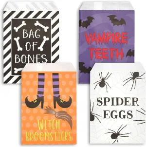 BLUE PANDA 100 Pack Halloween Paper Bags, Small Paper Halloween Treat Bags, Bulk Goody for Candy, and Favors, 4 Designs, Vampire Teeth, Witch Broomsticks, Bag of Bones, Spider Eggs (8 x 5 In)