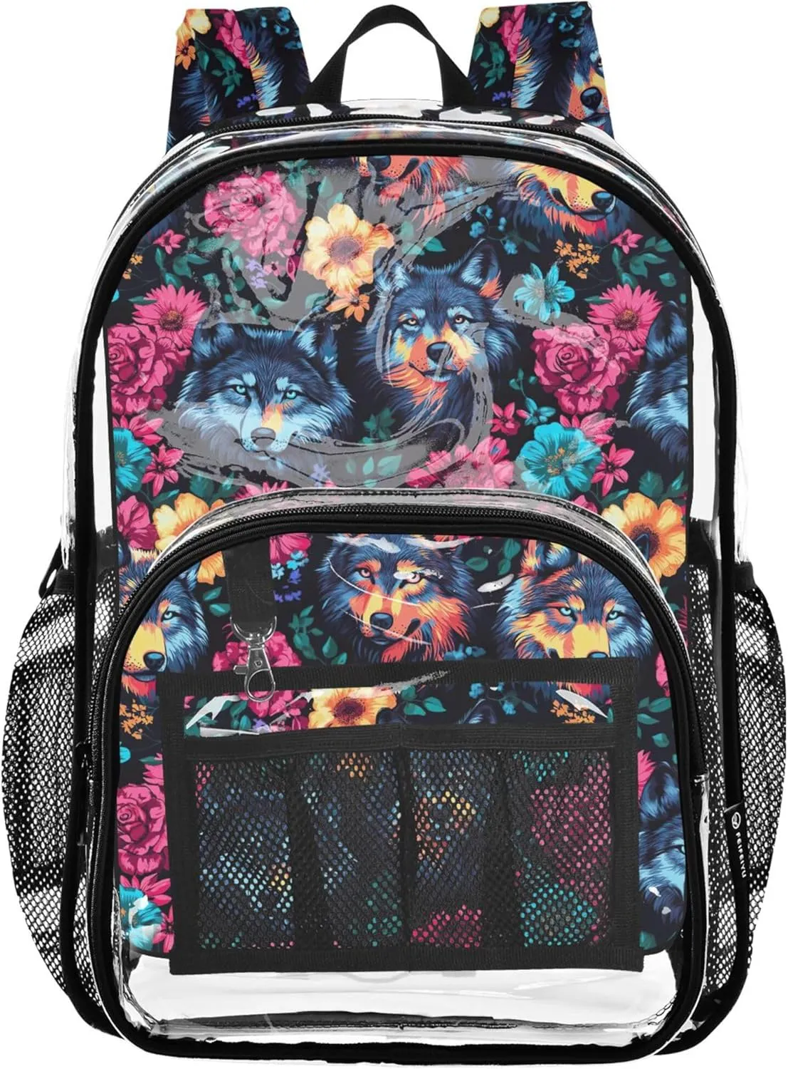 Blue Wolf Red Flowers Girl School Backpack, Clear Plastic Bag, Transparent School Bag, Kid Backpack Boy