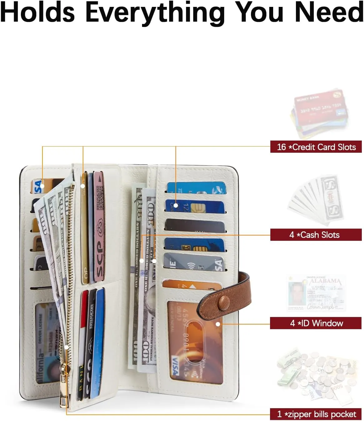 BOSTANTEN Womens Leather Wallets RFID Blocking Large Capacity Trifold Card Holder Ladies Phone Clutch BeigeBrown