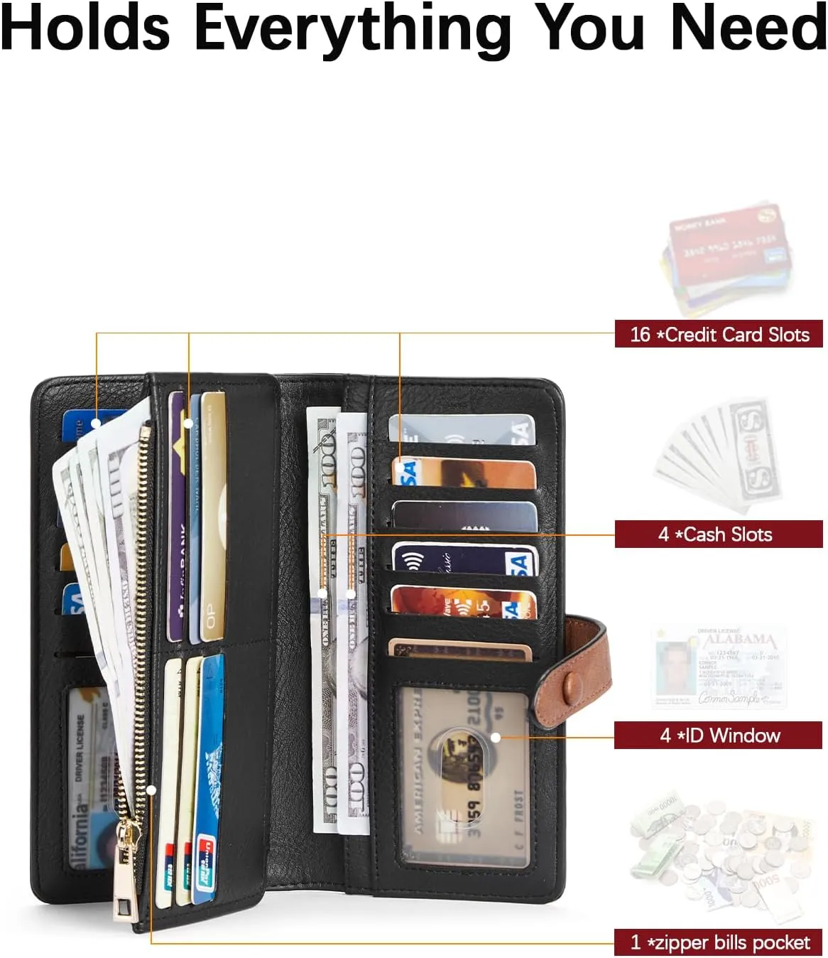 BOSTANTEN Womens Leather Wallets RFID Blocking Large Capacity Trifold Card Holder Ladies Phone Clutch BlackBrown