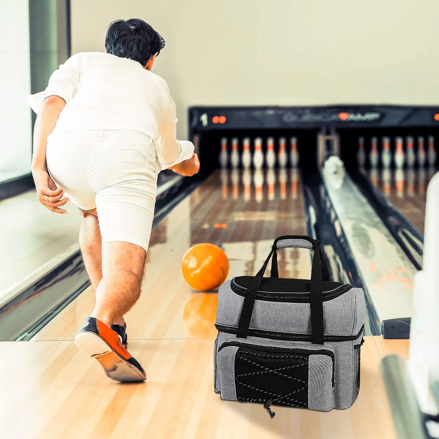 Bowling Ball Bag 2 Ball with Padded Holder Portable Double Bowling Totes with Adjustable Shoulder Strap Large Capacity Bowling Gear Organizer