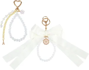 BOXOB 2pcs Bow Keychain, Silky Bow & Gold Heart Pearl Key Chain Bag Purse Charms, Women Wristlet Keyring Handbag Accessories