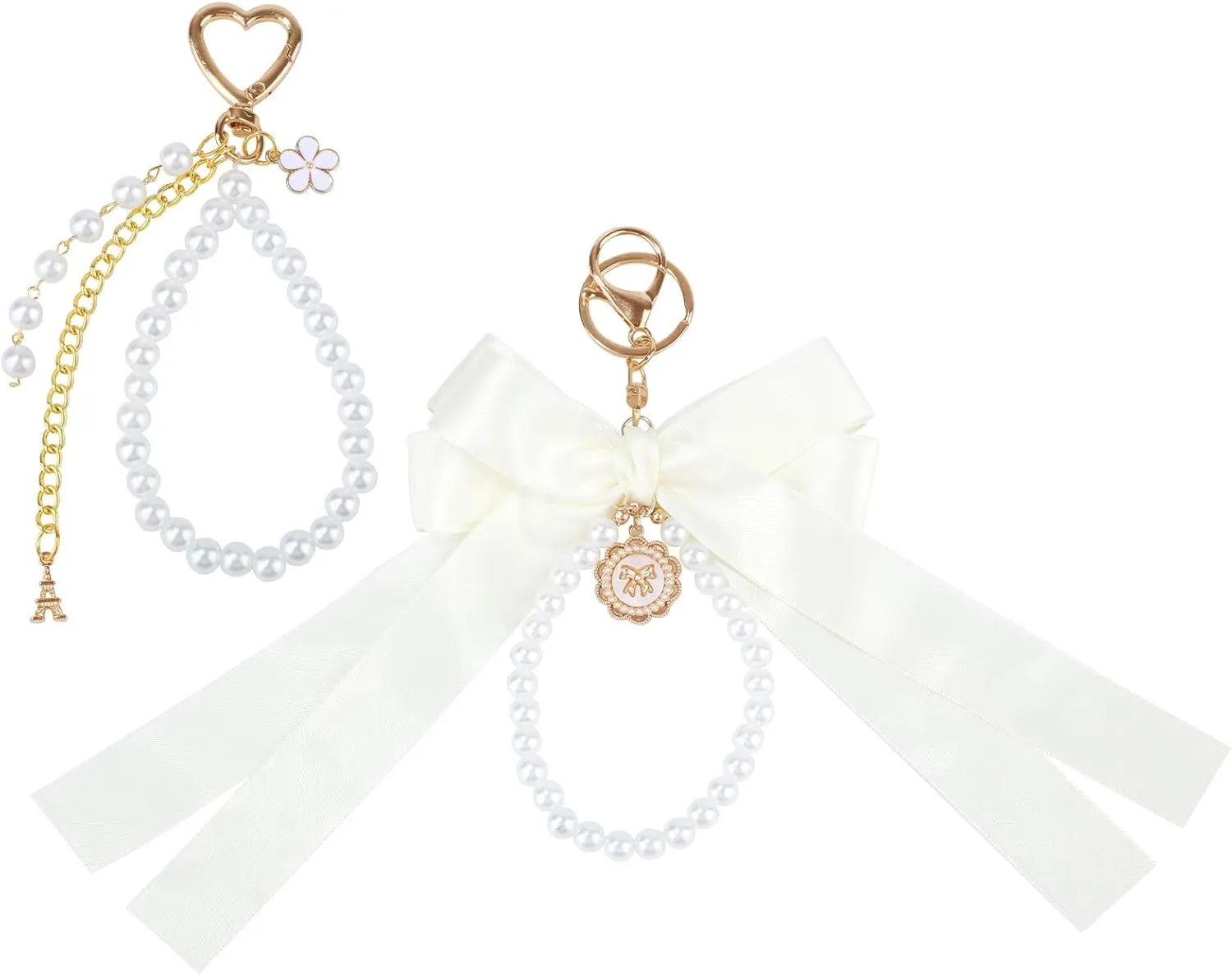 BOXOB 2pcs Bow Keychain, Silky Bow & Gold Heart Pearl Key Chain Bag Purse Charms, Women Wristlet Keyring Handbag Accessories