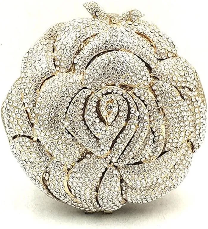 Bridal Wedding Party Purse Women Evening Party Rose Flower Clutches Crystal Small Wallet