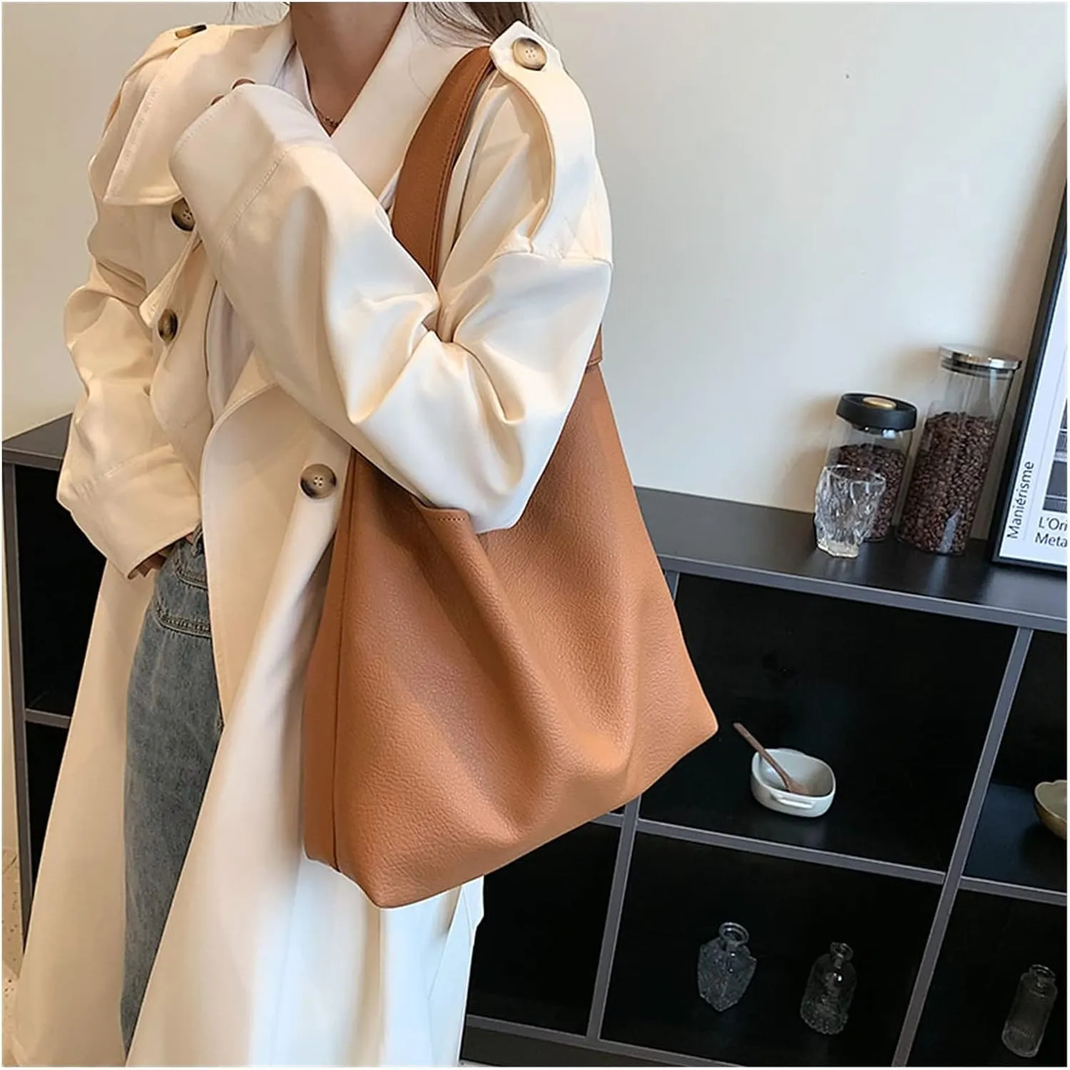 Bucket Shoulder Bags For Women Simple Handbags And Purses Lady PU Leather Totes