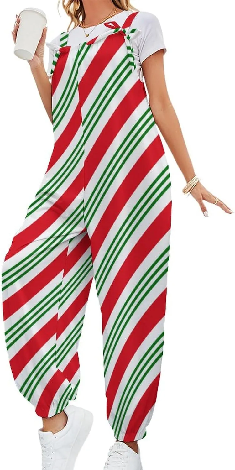 Candy Cane Stripes Jumpsuit Womens Sexy Slings Playsuits Casual Suspender Jumpsuits Loose Bow Shoulder Strap Rompers