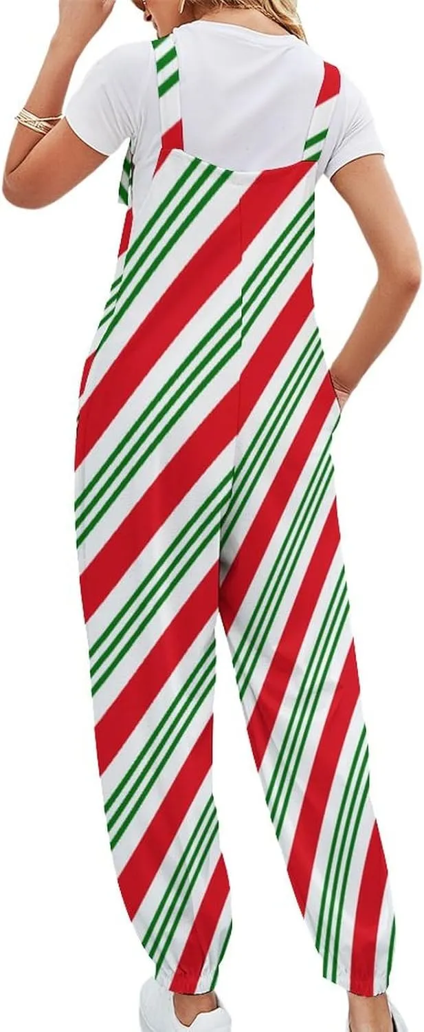 Candy Cane Stripes Jumpsuit Womens Sexy Slings Playsuits Casual Suspender Jumpsuits Loose Bow Shoulder Strap Rompers