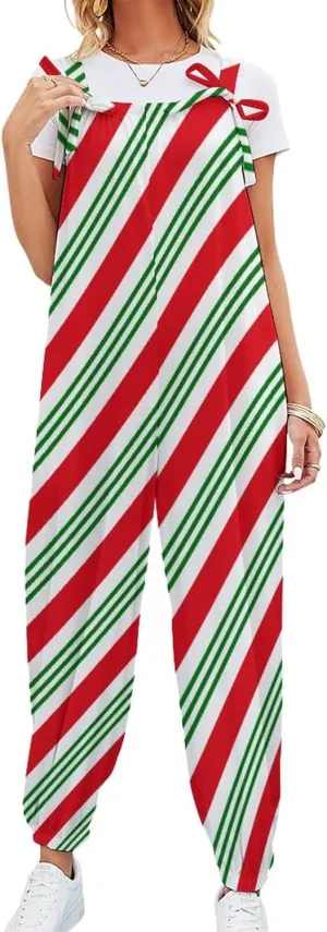 Candy Cane Stripes Jumpsuit Womens Sexy Slings Playsuits Casual Suspender Jumpsuits Loose Bow Shoulder Strap Rompers
