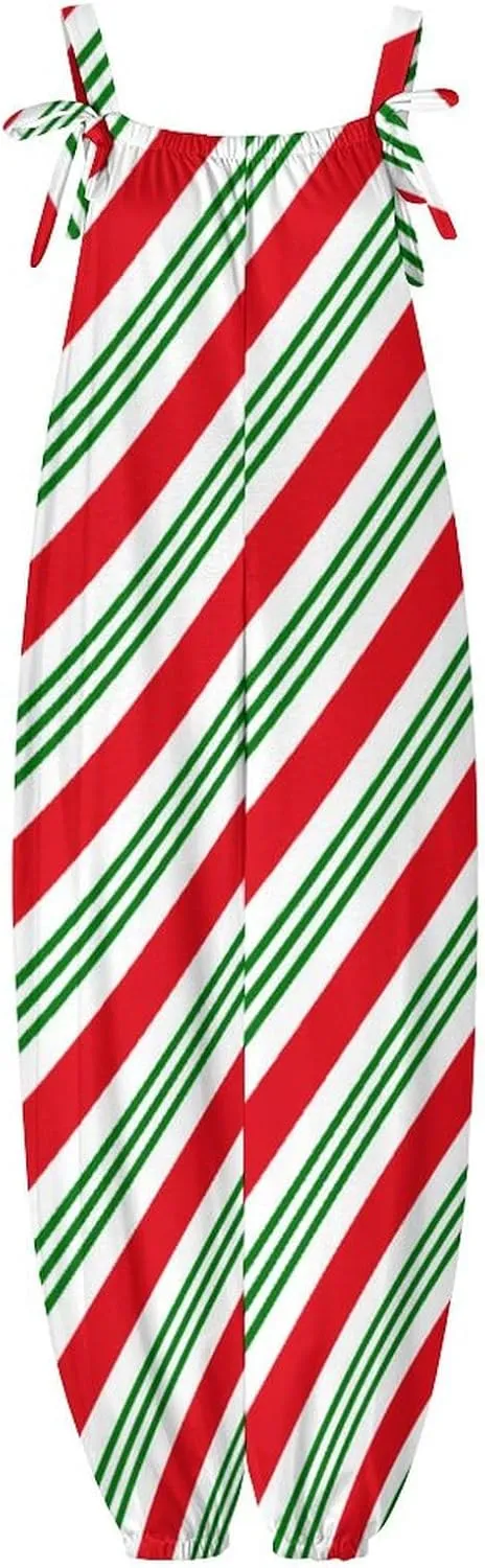 Candy Cane Stripes Jumpsuit Womens Sexy Slings Playsuits Casual Suspender Jumpsuits Loose Bow Shoulder Strap Rompers