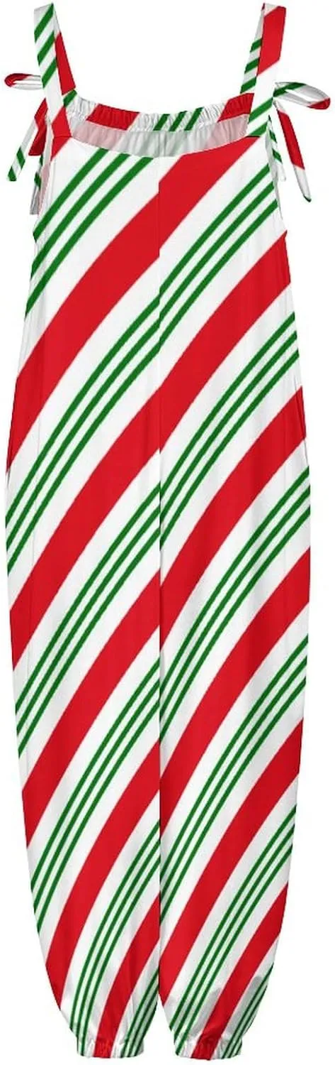 Candy Cane Stripes Jumpsuit Womens Sexy Slings Playsuits Casual Suspender Jumpsuits Loose Bow Shoulder Strap Rompers