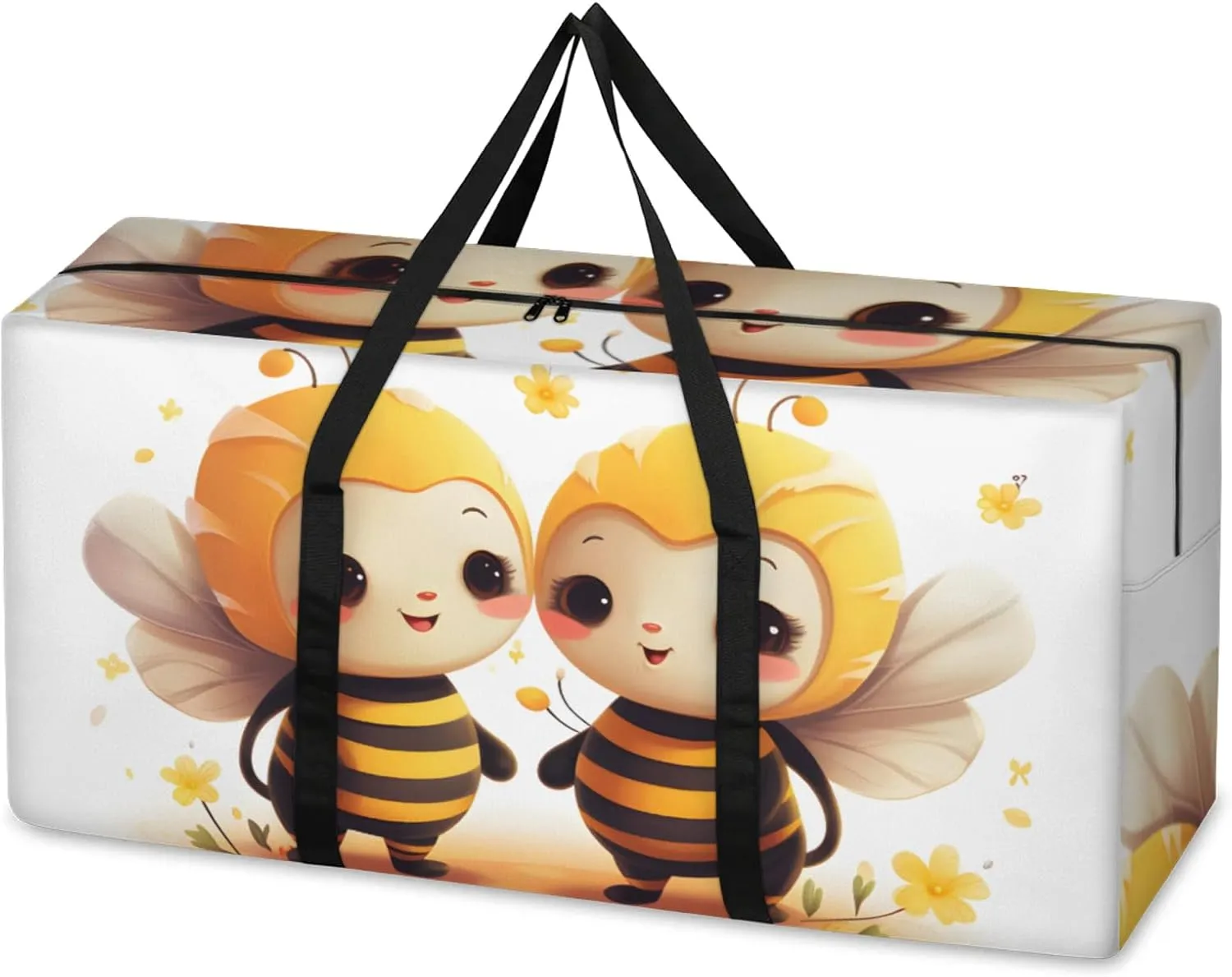Cartoon Bee Extra Large Moving Bags Heavy Duty Storage Bags Cute Bee Cloth Wrap Around Handles Double Zipper Reusable Convenient Foldable Storage Tote for Travel Camping Space Save
