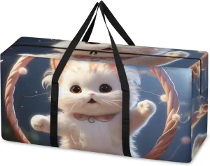 Cartoon Cat Extra Large Moving Bags Heavy Duty Storage Bags Cute Cat Cloth Wrap Around Handles Double Zipper Reusable Convenient Foldable Storage Tote for Travel Camping Space Save