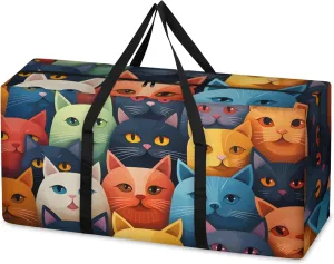 Cartoon Cat Extra Large Moving Bags Heavy Duty Storage Bags Glowing Cat Cloth Wrap Around Handles Double Zipper Reusable Convenient Foldable Storage Tote for Travel Camping Space Save