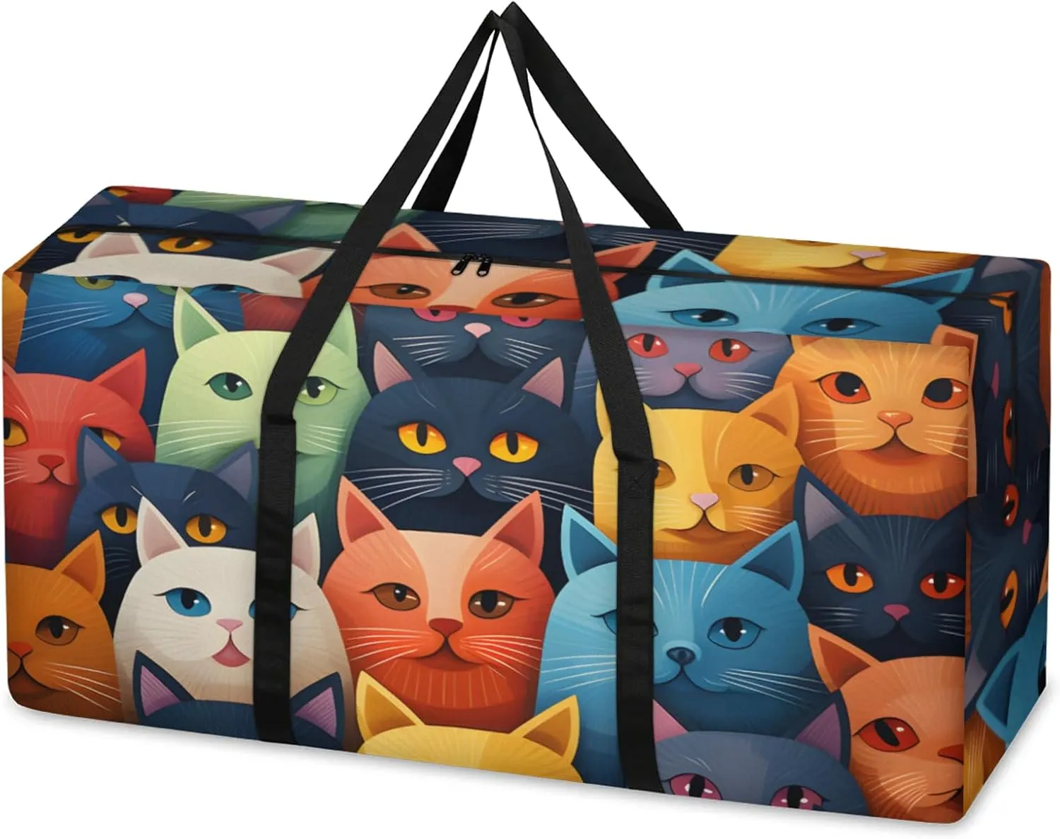 Cartoon Cat Extra Large Moving Bags Heavy Duty Storage Bags Glowing Cat Cloth Wrap Around Handles Double Zipper Reusable Convenient Foldable Storage Tote for Travel Camping Space Save