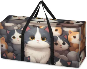 Cartoon Cat Extra Large Moving Bags Heavy Duty Storage Bags Watercolor Cat Cloth Wrap Around Handles Double Zipper Reusable Convenient Foldable Storage Tote for Travel Camping Space Save