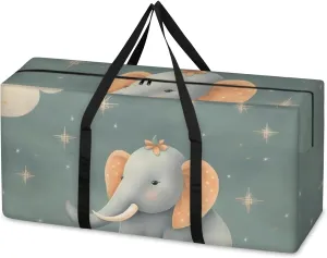 Cartoon Elephant Extra Large Moving Bags Heavy Duty Storage Bags Ethnic Elephant Cloth Wrap Around Handles Double Zipper Reusable Convenient Foldable Storage Tote for Travel Camping Space Save