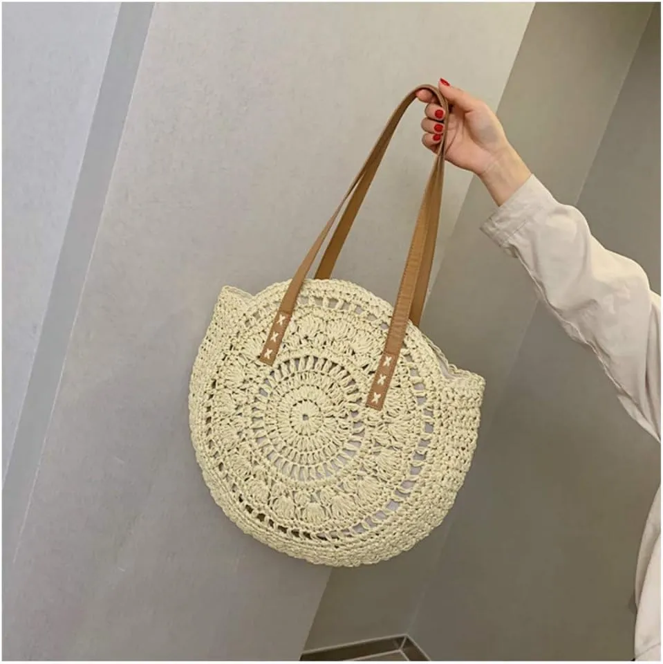 Casual Rattan Women Shoulder Bag Circle Straw Handbag Big Capacity Handmade Summer Tote