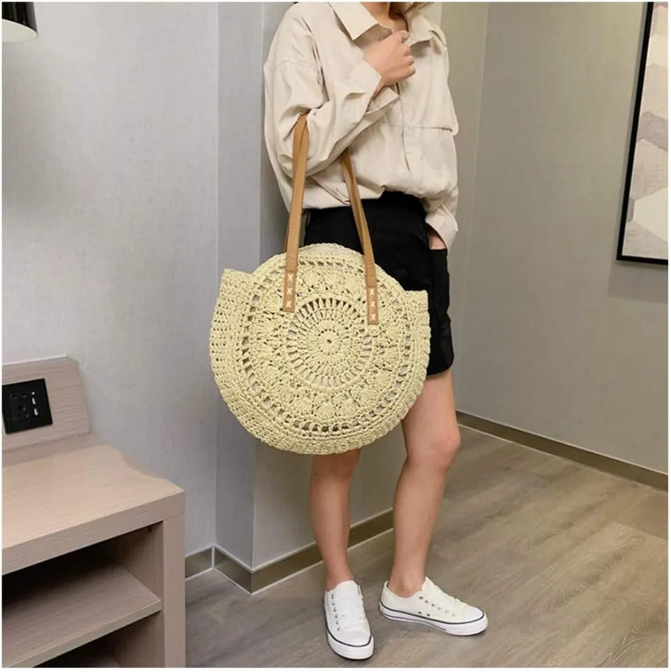 Casual Rattan Women Shoulder Bag Circle Straw Handbag Big Capacity Handmade Summer Tote