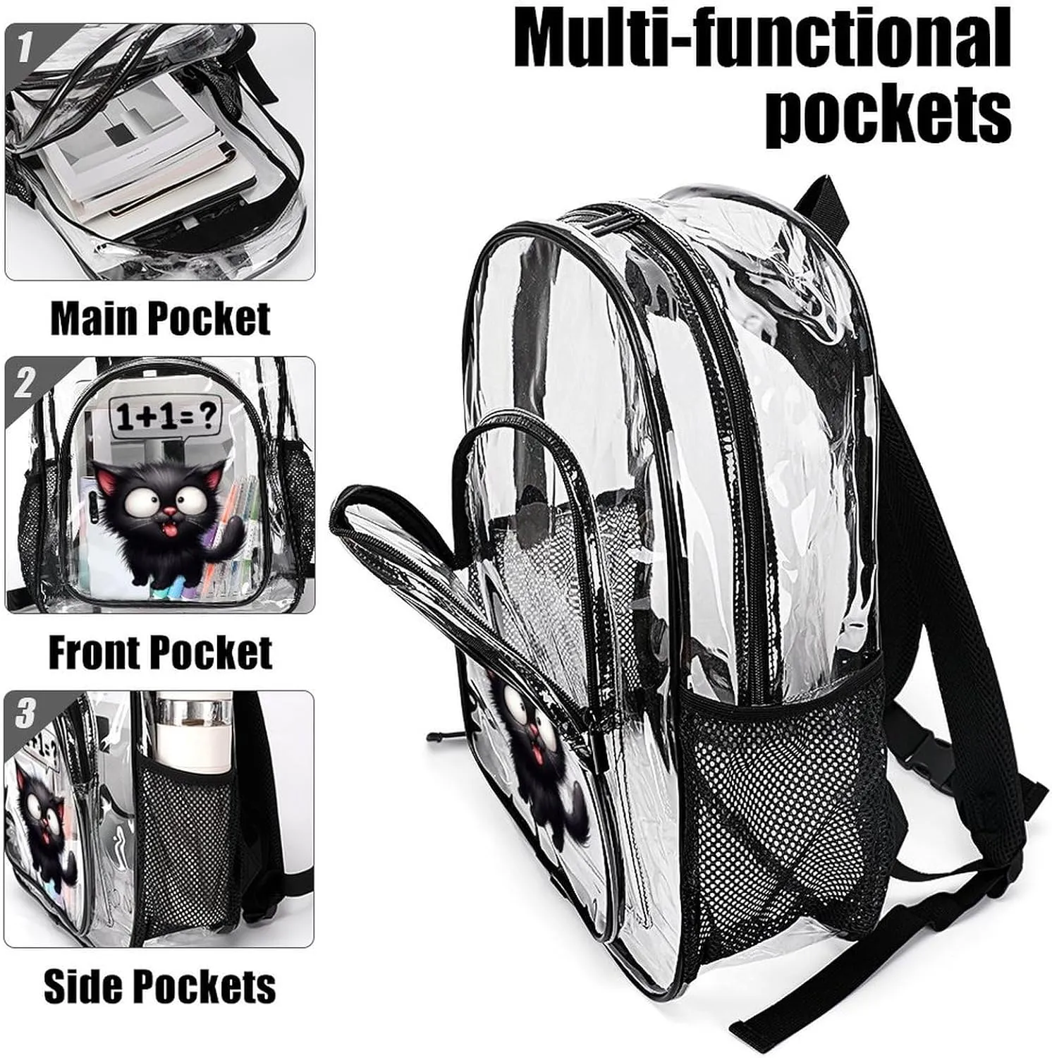 Cat Clear Backpack Heavy Duty for Girls Kids Boys Women Men - Large Cute PVC Cats Theme Printing Transparent Backpacks for Schools Stadium Concerts Work - Clear/Black