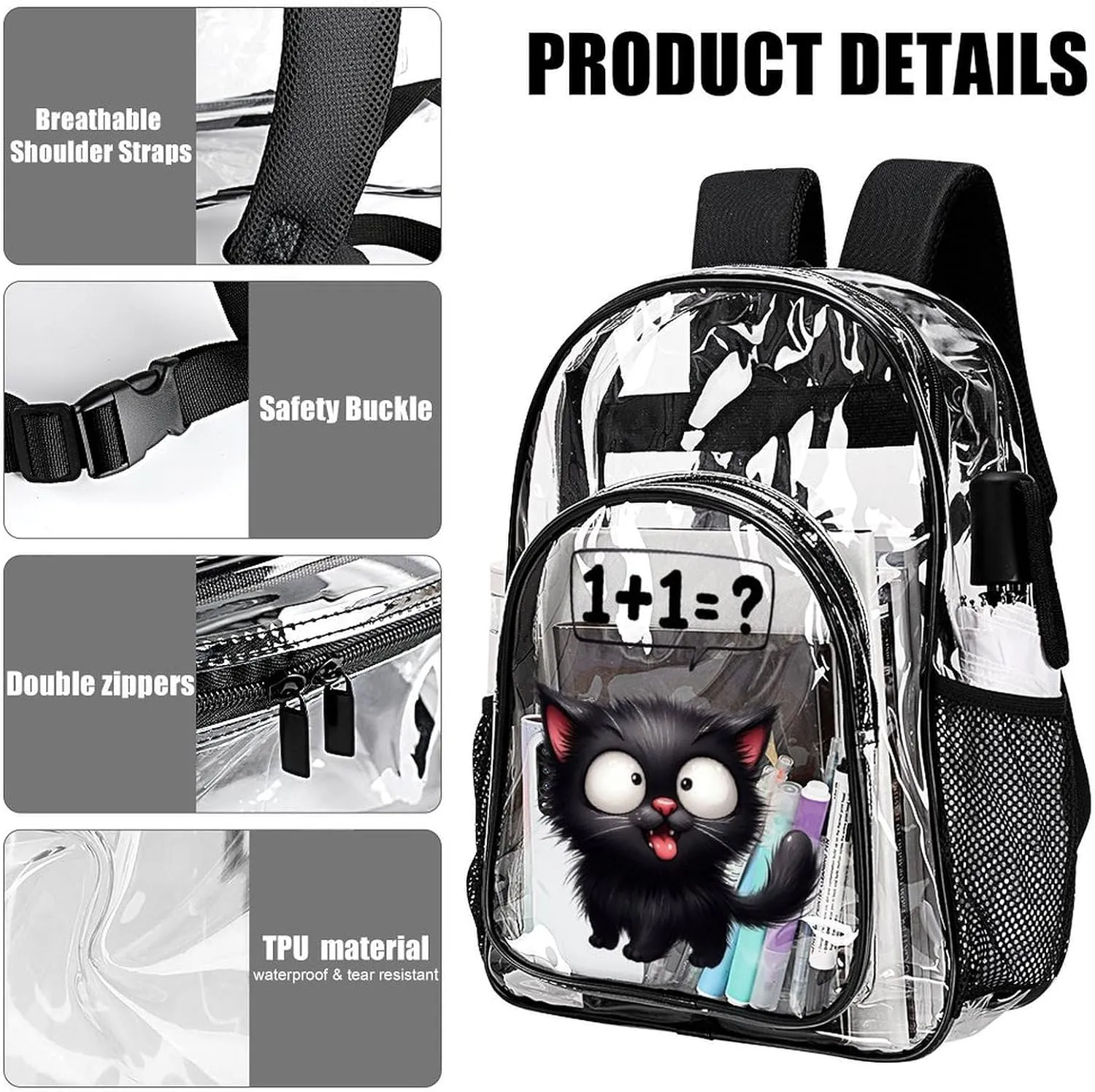 Cat Clear Backpack Heavy Duty for Girls Kids Boys Women Men - Large Cute PVC Cats Theme Printing Transparent Backpacks for Schools Stadium Concerts Work - Clear/Black
