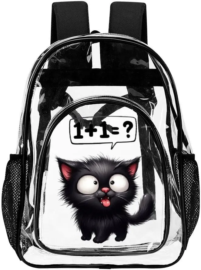 Cat Clear Backpack Heavy Duty for Girls Kids Boys Women Men - Large Cute PVC Cats Theme Printing Transparent Backpacks for Schools Stadium Concerts Work - Clear/Black