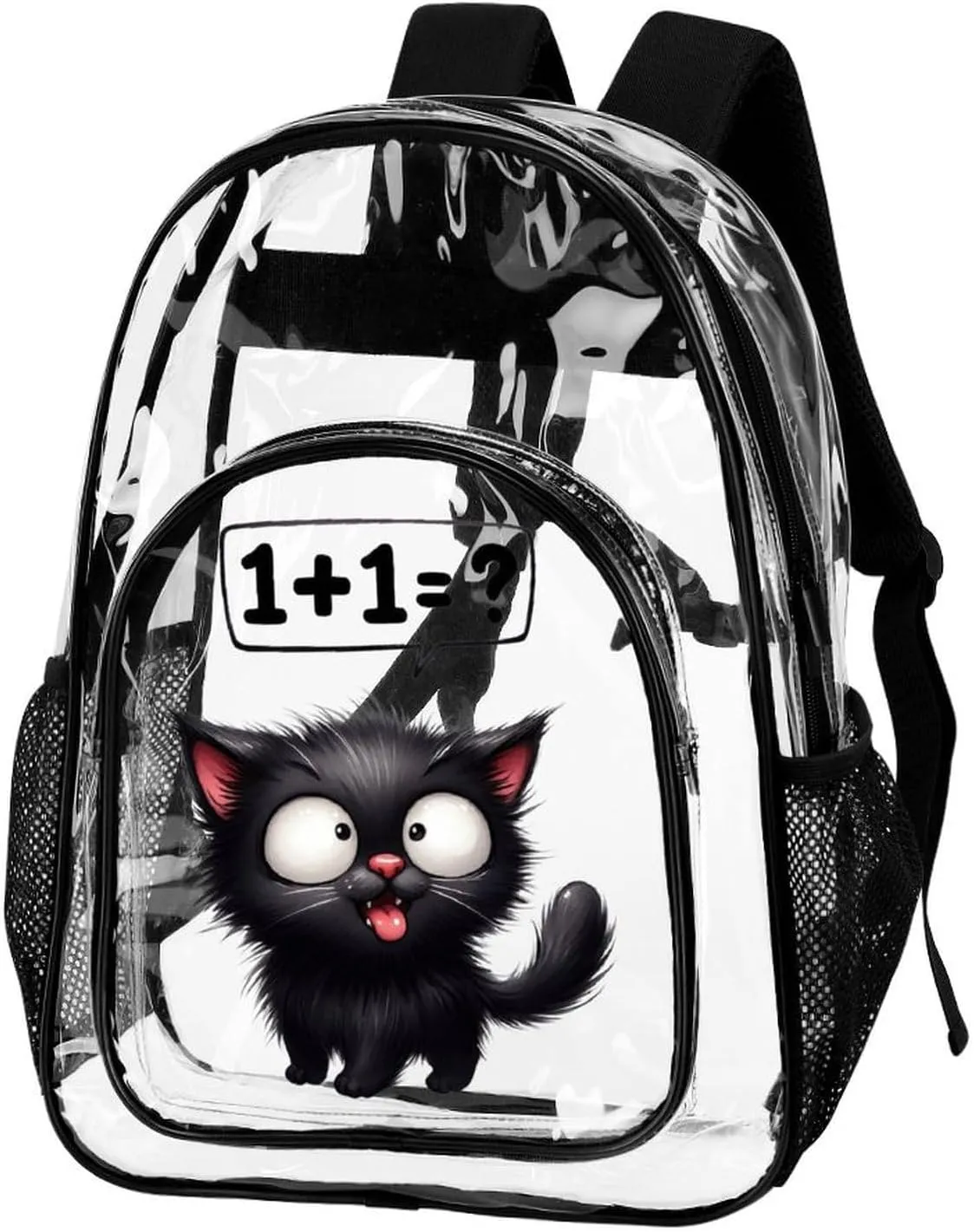 Cat Clear Backpack Heavy Duty for Girls Kids Boys Women Men - Large Cute PVC Cats Theme Printing Transparent Backpacks for Schools Stadium Concerts Work - Clear/Black