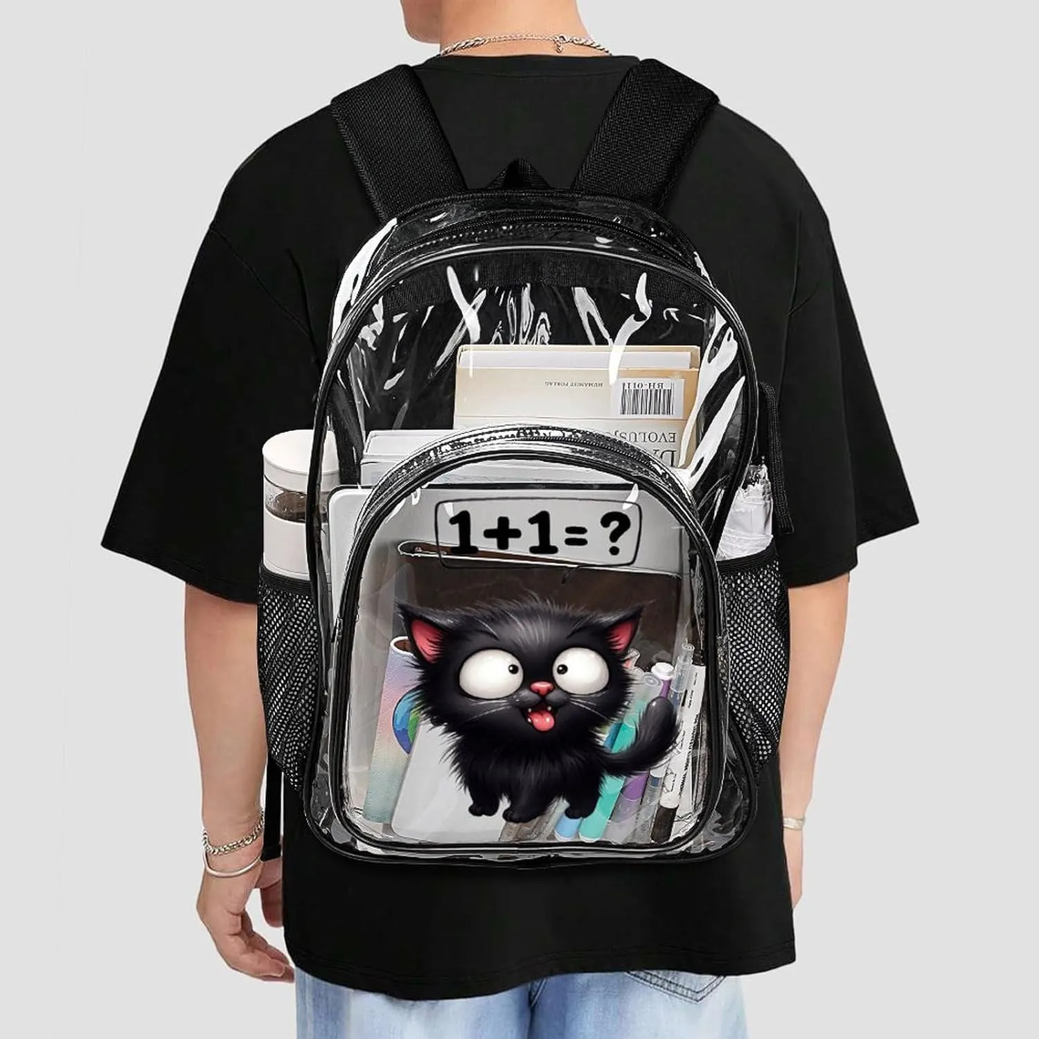Cat Clear Backpack Heavy Duty for Girls Kids Boys Women Men - Large Cute PVC Cats Theme Printing Transparent Backpacks for Schools Stadium Concerts Work - Clear/Black