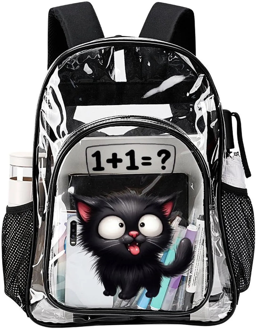 Cat Clear Backpack Heavy Duty for Girls Kids Boys Women Men - Large Cute PVC Cats Theme Printing Transparent Backpacks for Schools Stadium Concerts Work - Clear/Black