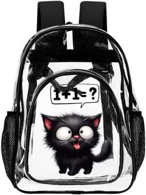 Cat Clear Backpack Heavy Duty for Girls Kids Boys Women Men - Large Cute PVC Cats Theme Printing Transparent Backpacks for Schools Stadium Concerts Work - Clear/Black