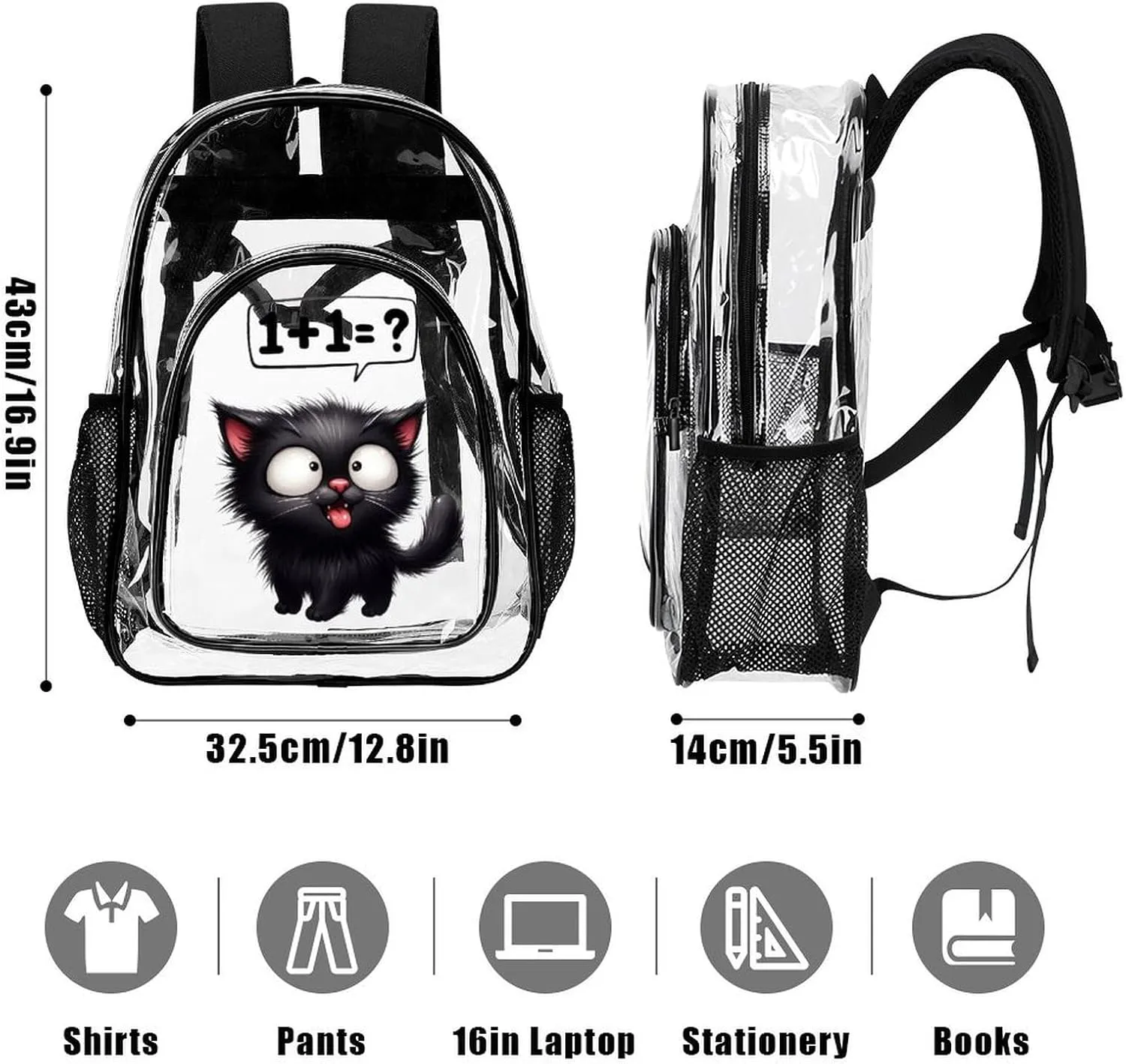 Cat Clear Backpack Heavy Duty for Girls Kids Boys Women Men - Large Cute PVC Cats Theme Printing Transparent Backpacks for Schools Stadium Concerts Work - Clear/Black