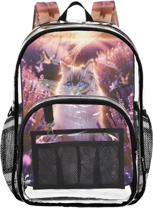 Cat Lavender Field Backpack for Girls, Large Clear Bag, See through Bag