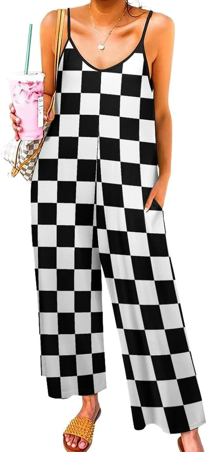 Checkerboard Grid Suspender Jumpsuit Woman Slings Jumpsuits Anticers Loose Sleeveless Adjustable Strap Long Pant