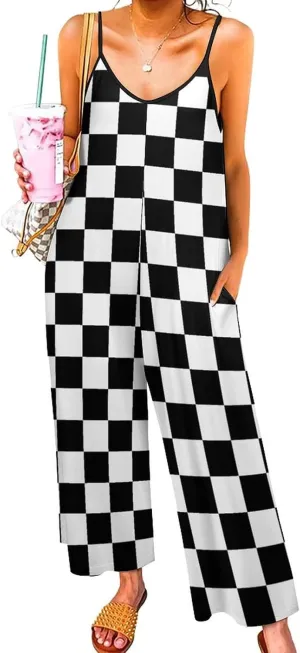 Checkerboard Grid Suspender Jumpsuit Woman Slings Jumpsuits Anticers Loose Sleeveless Adjustable Strap Long Pant
