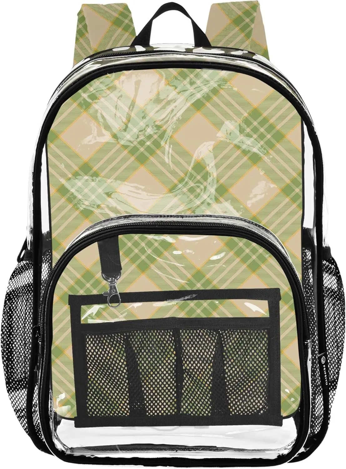 Chic Plaid Green Beige Kids Travel Bag, Clear Plastic Bag, Kid Backpack, Clear Bag