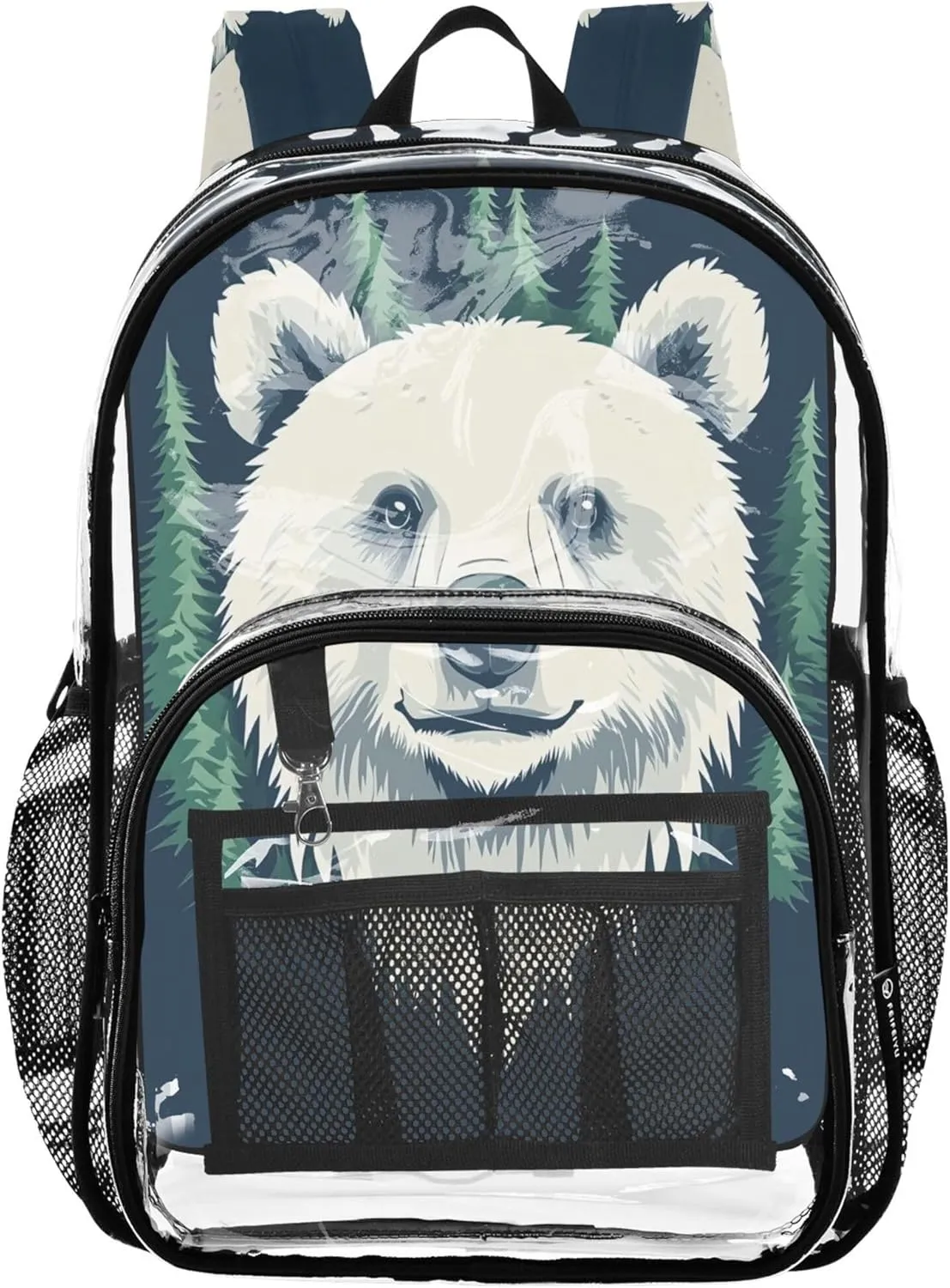 CHIFIGNO Forest Bear Dark Blue Kids Backpack, Clear Plastic Bag, Book Bag, Clear Stadium Backpack