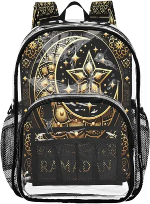 CHIFIGNO Golden Crescent Star Black Backpack for School Girls, Clear Plastic Bag, Transparent School Bag