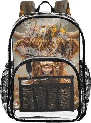 CHIFIGNO Highland Cow Flowers Travel Bag Kids, Clear Plastic Bag, School Bags for Girls, Clear Stadium Backpack