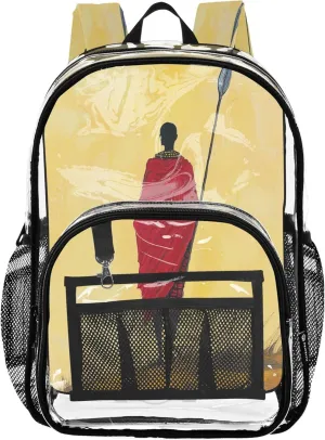 CHIFIGNO Maasai Warrior Red Yellow Backpacks for Boys, Clear Plastic Bag, Transparent School Bag