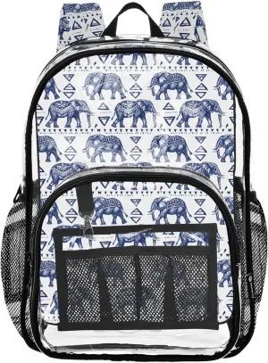 CHIFIGNO Tribal Elephant Navy Kids School Backpack, Clear Plastic Bag, School Bags for Girls, Clear Bag