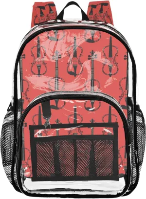 CHIFIGNO Violin Red Travel Backpack for Kids, Large Clear Bag, See through Bag